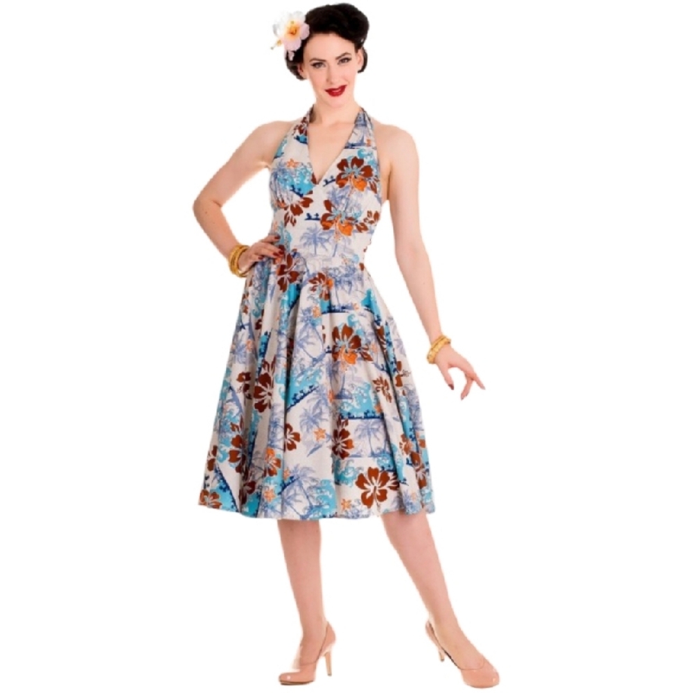 Hell Bunny Floral Halter Midi Dress - Blue and Brown